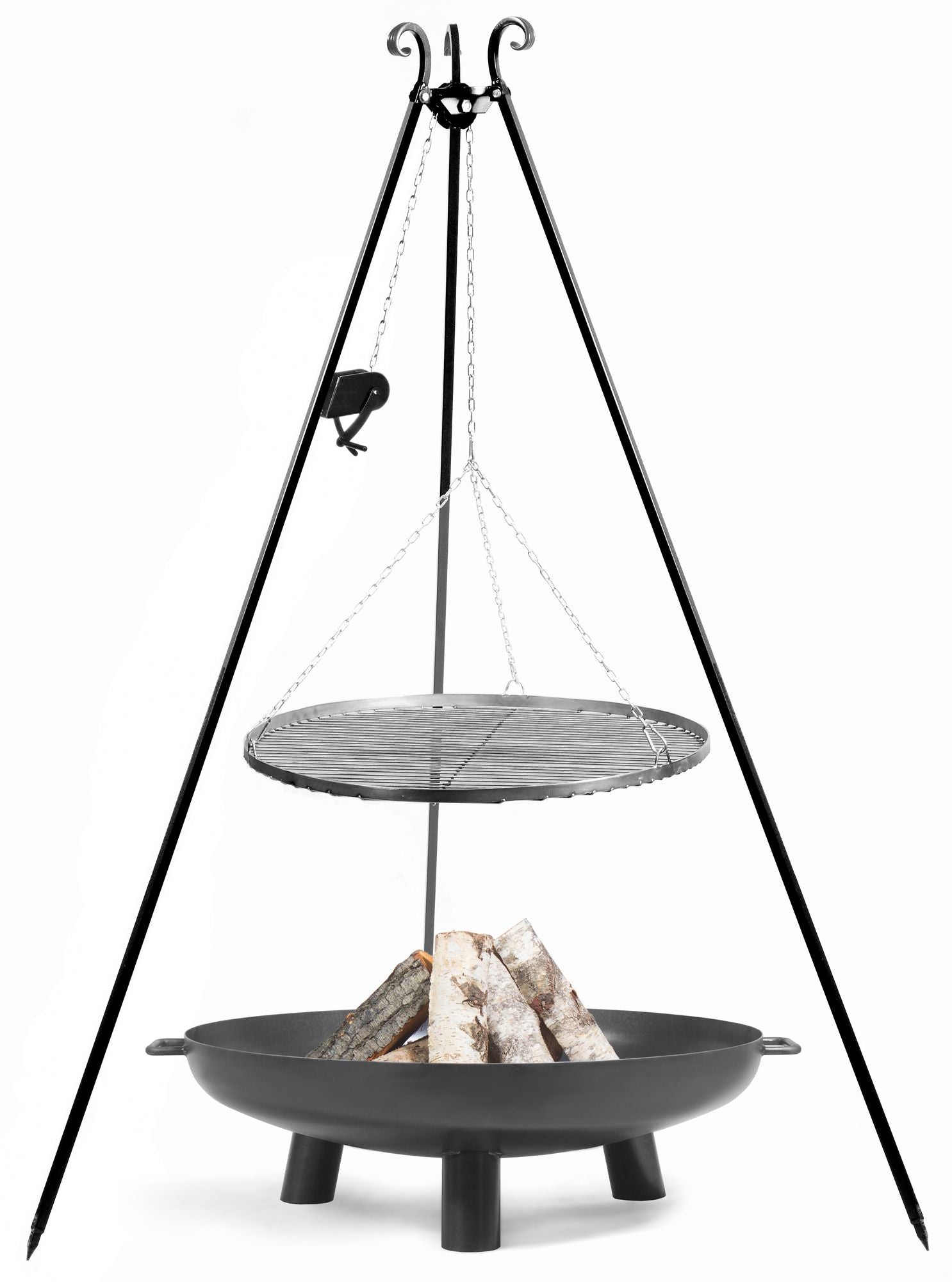 Cook King Set: BALI Garden Fire Bowl 60 cm with a 180 cm tripod grill and a 60 cm natural steel grate, studio detail shot 4