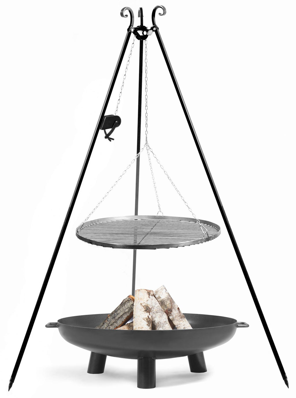 Cook King Set: BALI Garden Fire Bowl 80 cm with a 180 cm tripod grill and a 80 cm natural steel grate, studio detail shot 4