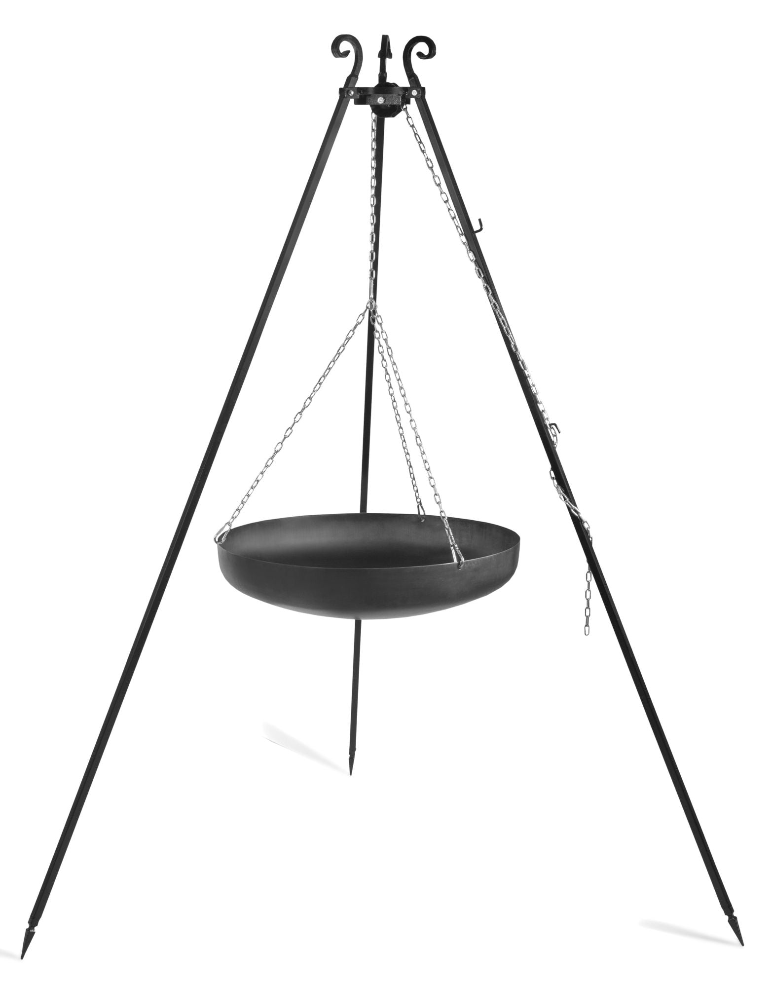 Cook King 180 cm Tripod Wok with Winch and 70 cm Natural Steel Wok on a white background
