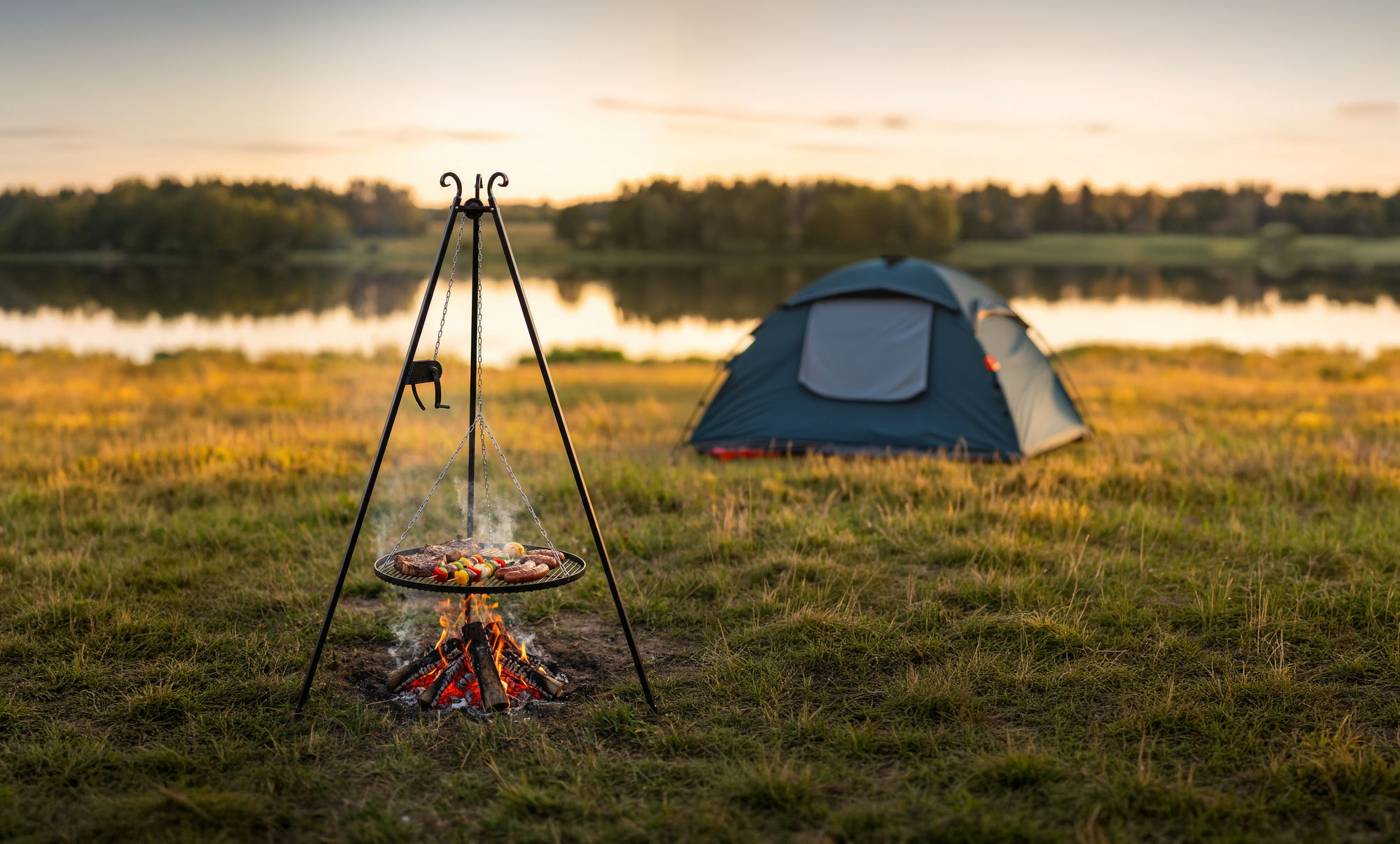 Cook King 180 cm Tripod with 50 cm Natural Steel Grate, outdoor lifestyle shot 6