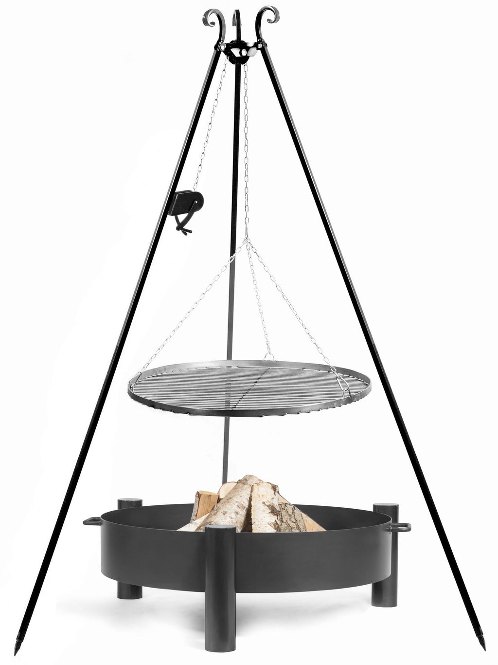 Cook King Set: HAITI Garden Fire Bowl 60 cm with a 180 cm tripod grill and a 60 cm natural steel grate, studio detail shot 4