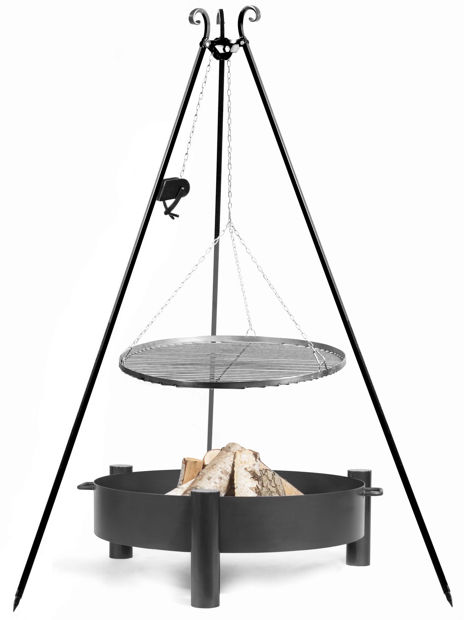 Cook King Set: HAITI Garden Fire Bowl 70 cm with a 180 cm tripod grill and a 70 cm natural steel grate, studio detail shot 4