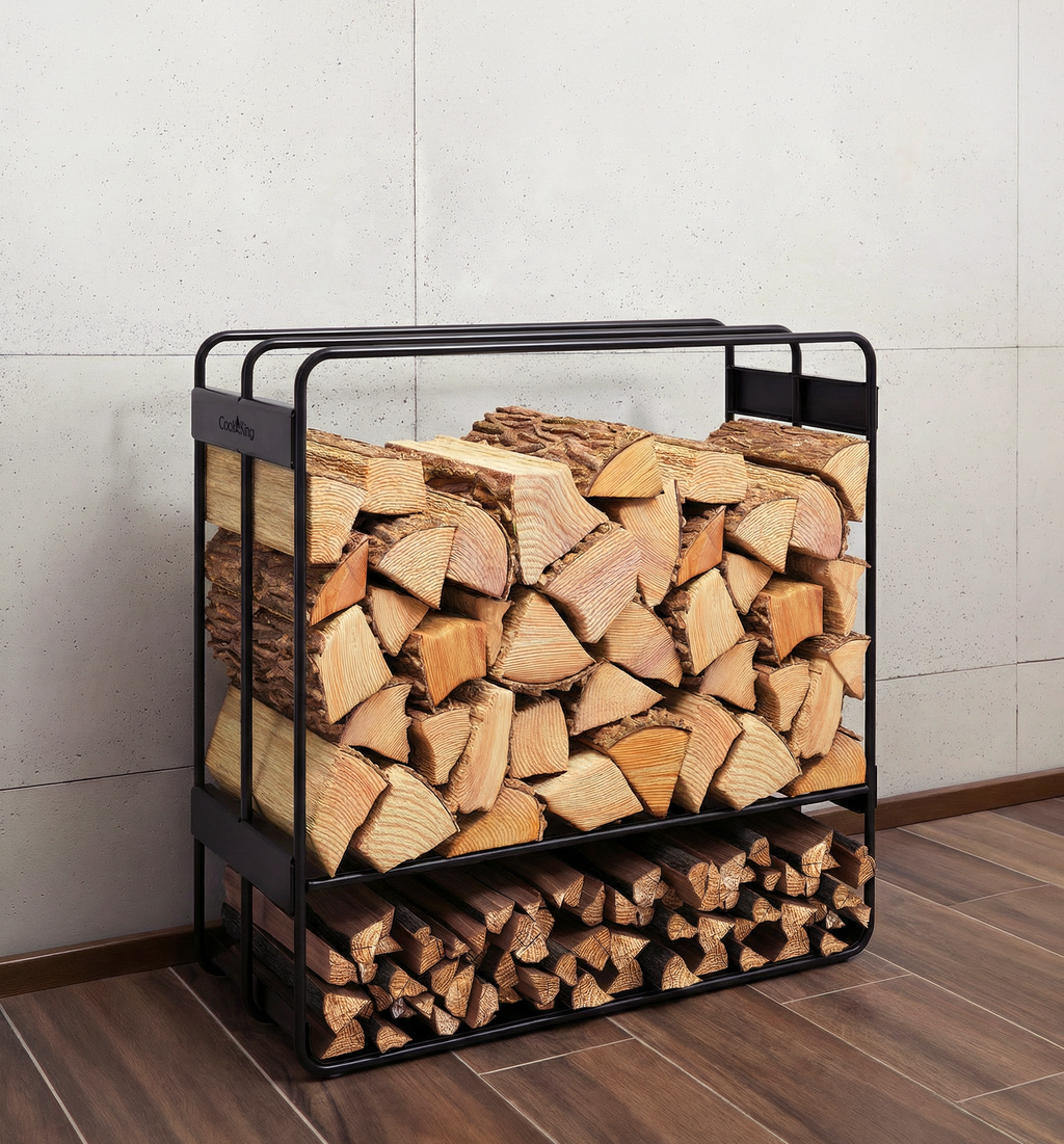 Cook King 60x60x25cm Wood Rack ZENO in an outdoor setting