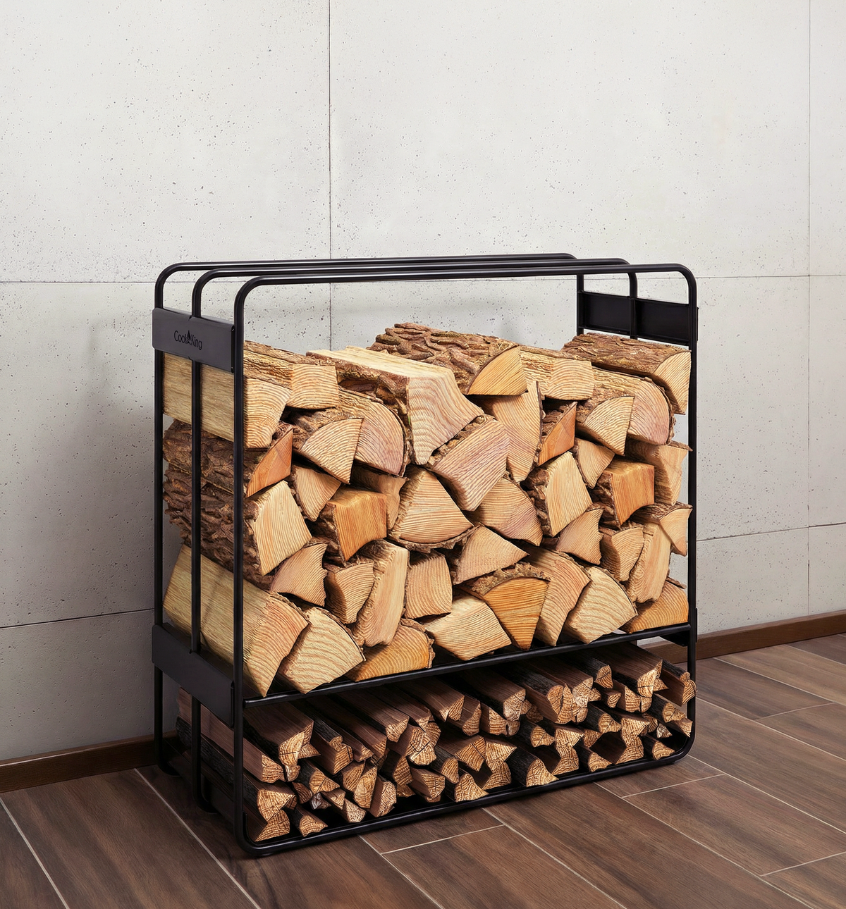 Cook King 60x60x25cm Wood Rack ZENO in an outdoor setting