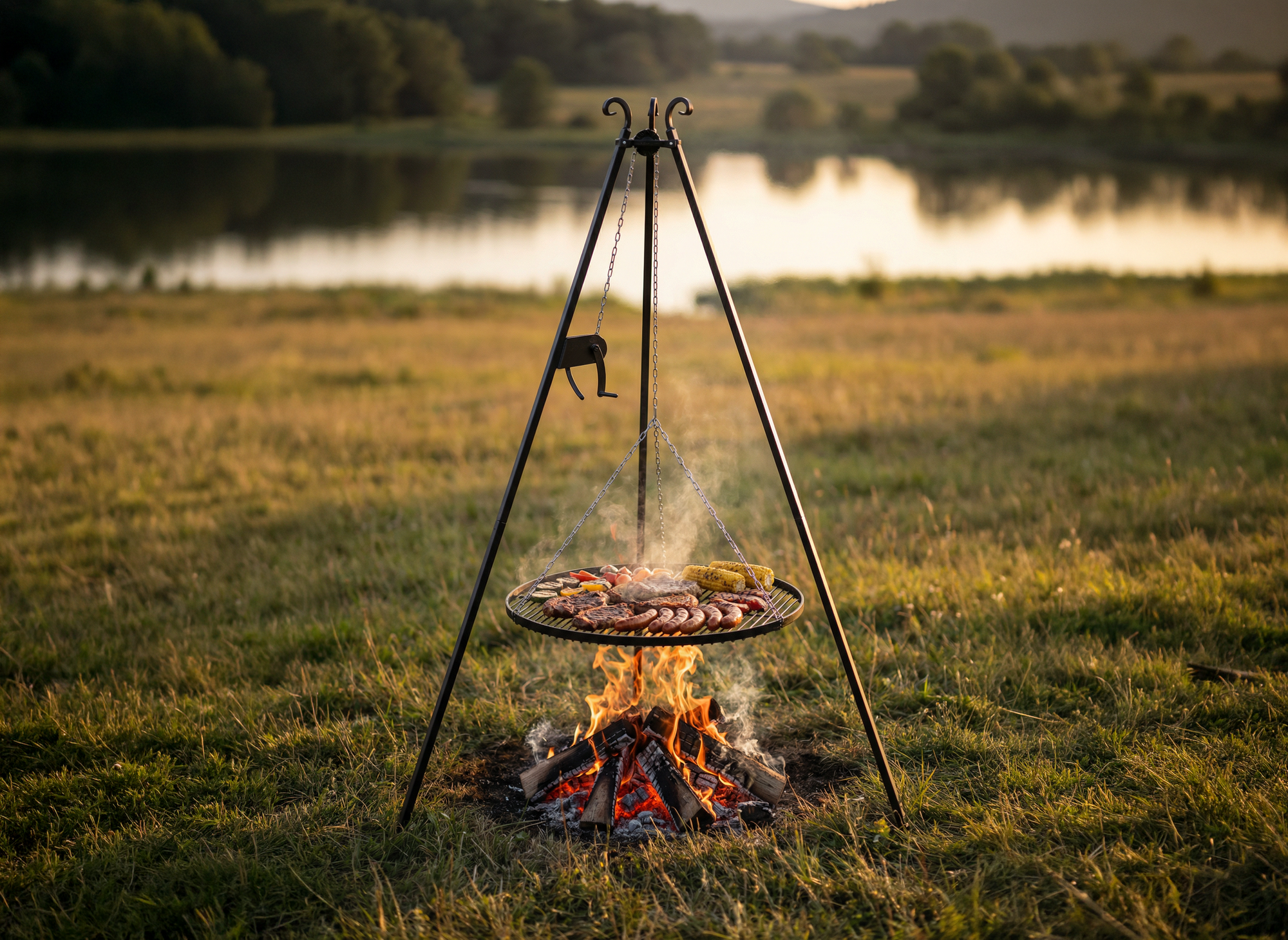 Cook King 180 cm Tripod with 50 cm Natural Steel Grate, outdoor lifestyle shot 5