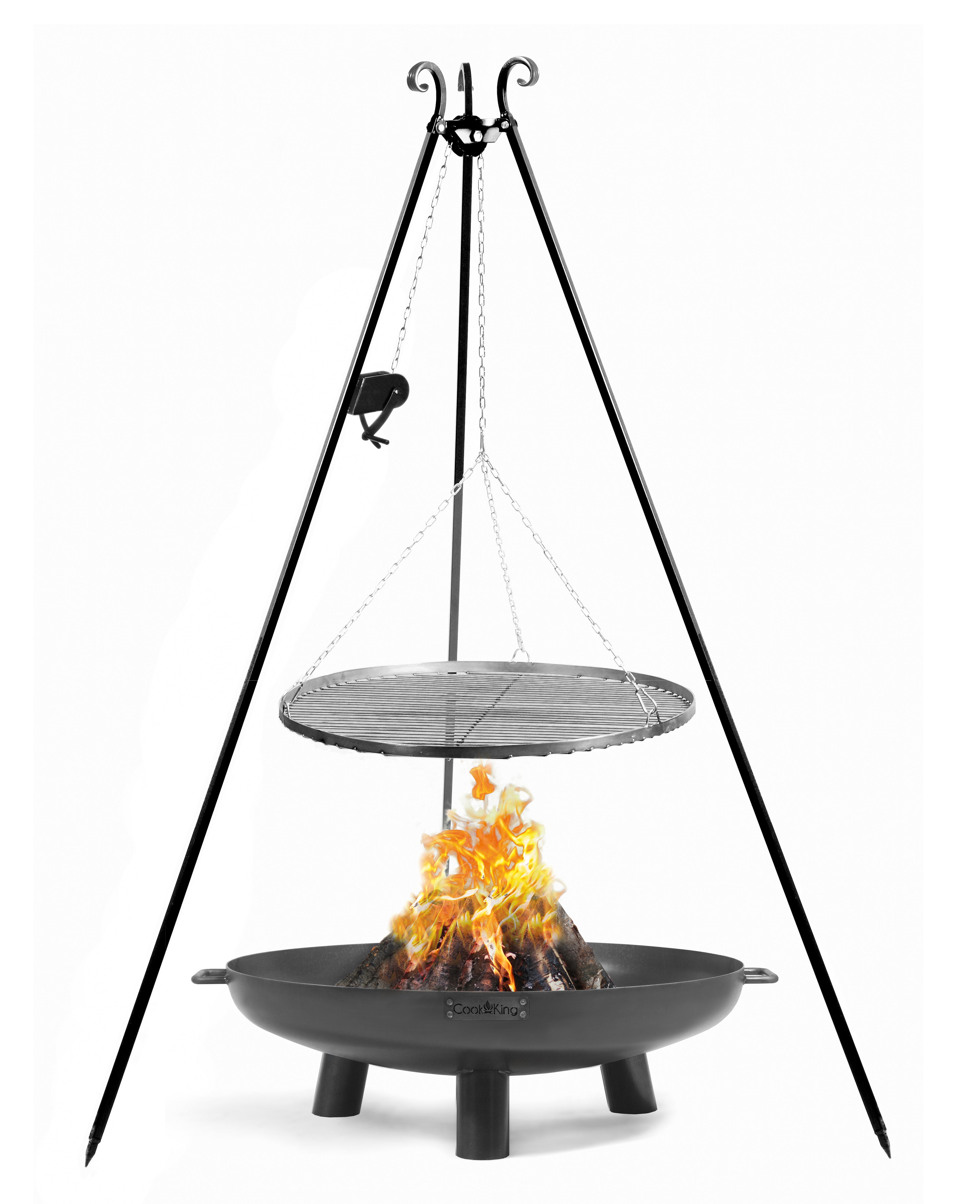 Cook King Set: BALI Garden Fire Bowl 80 cm with a 180 cm tripod grill and a 80 cm natural steel grate, studio detail shot 2