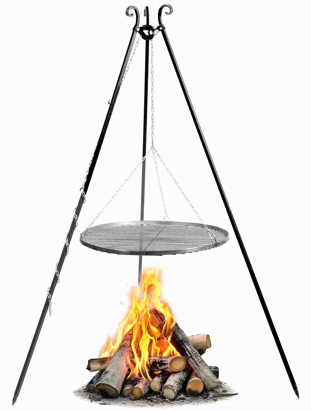 Cook King 180 cm Tripod with 50 cm Natural Steel Grate, studio detail shot 8