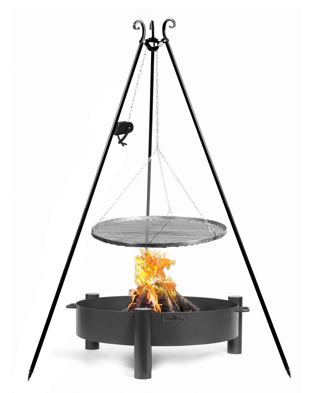 Cook King Set: HAITI Garden Fire Bowl 80 cm with a 180 cm tripod grill and a 80 cm natural steel grate, studio detail shot 2