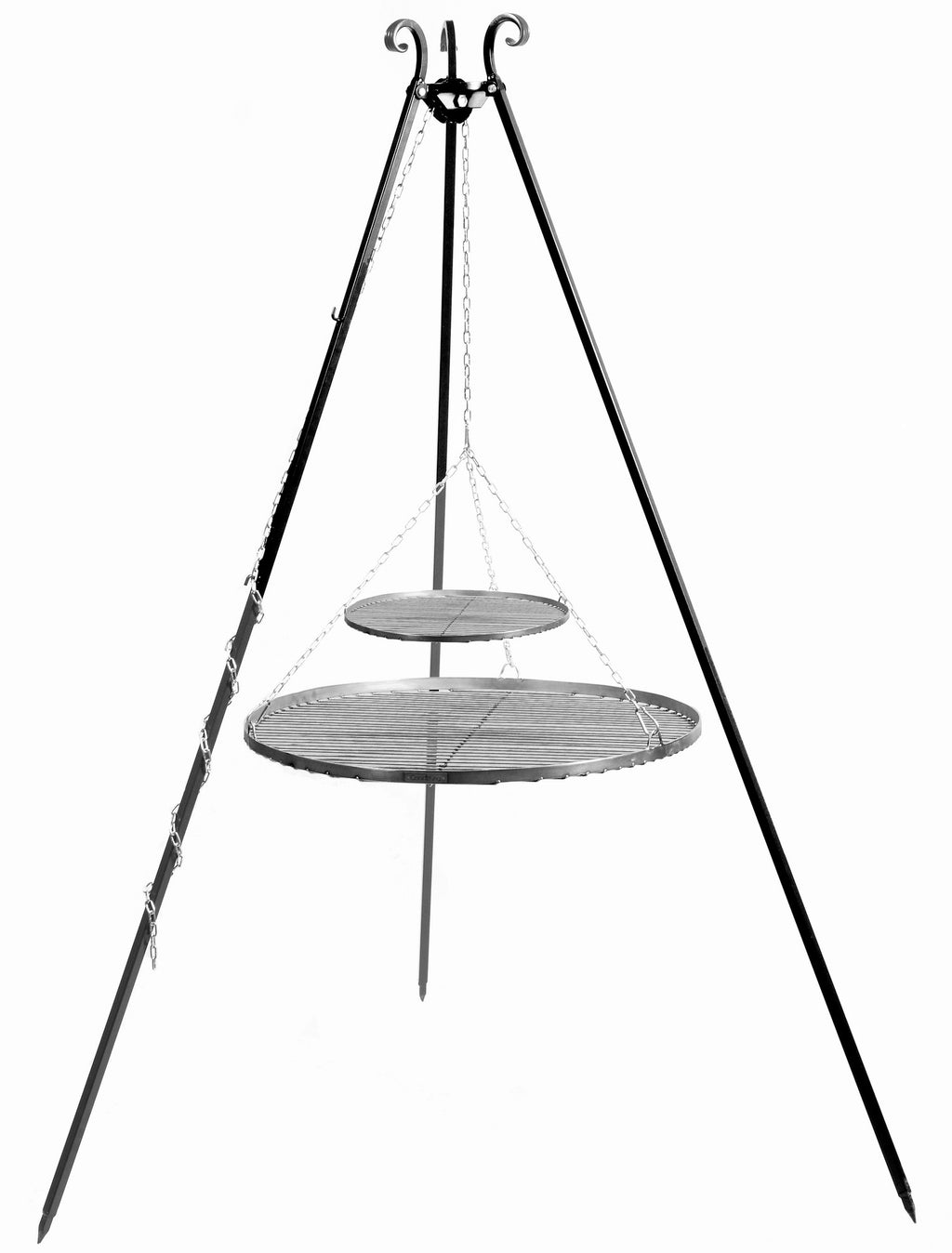 Cook King 180 cm Tripod with 2 Natural Steel Grates 70 cm + 40 cm on a white background