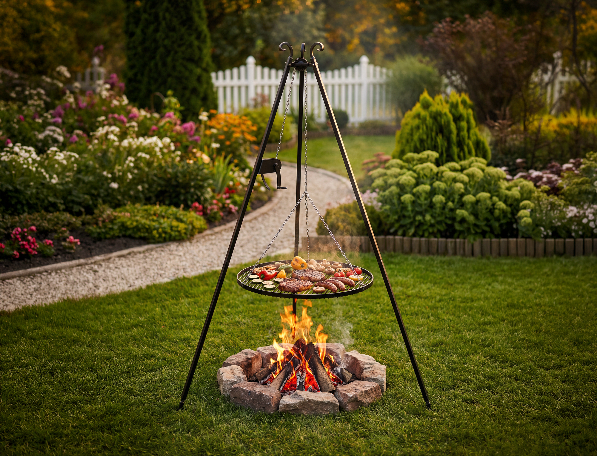 Cook King 180 cm Tripod with 60 cm Stainless Steel Grate in an outdoor setting