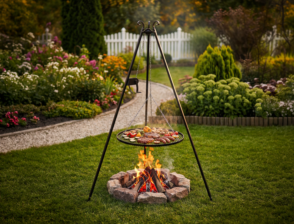 Cook King 180 cm Tripod Grill with Winch and 70 cm Natural Steel Grate, outdoor lifestyle shot 4