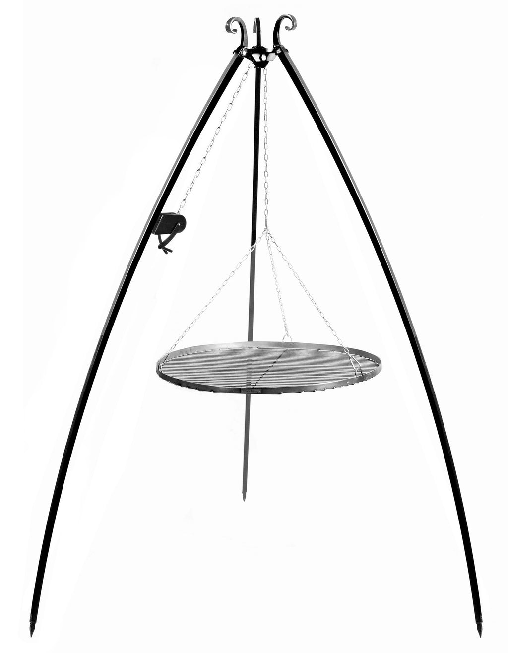 Cook King 200 cm Tripod Grill with Winch and 60 cm Natural Steel Grate on a white background