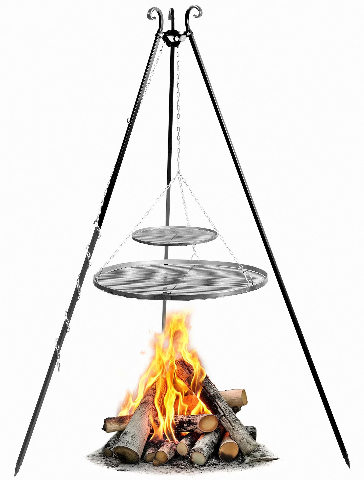 Cook King 180 cm Tripod with 2 Natural Steel Grates 70 cm + 40 cm, studio detail shot 8