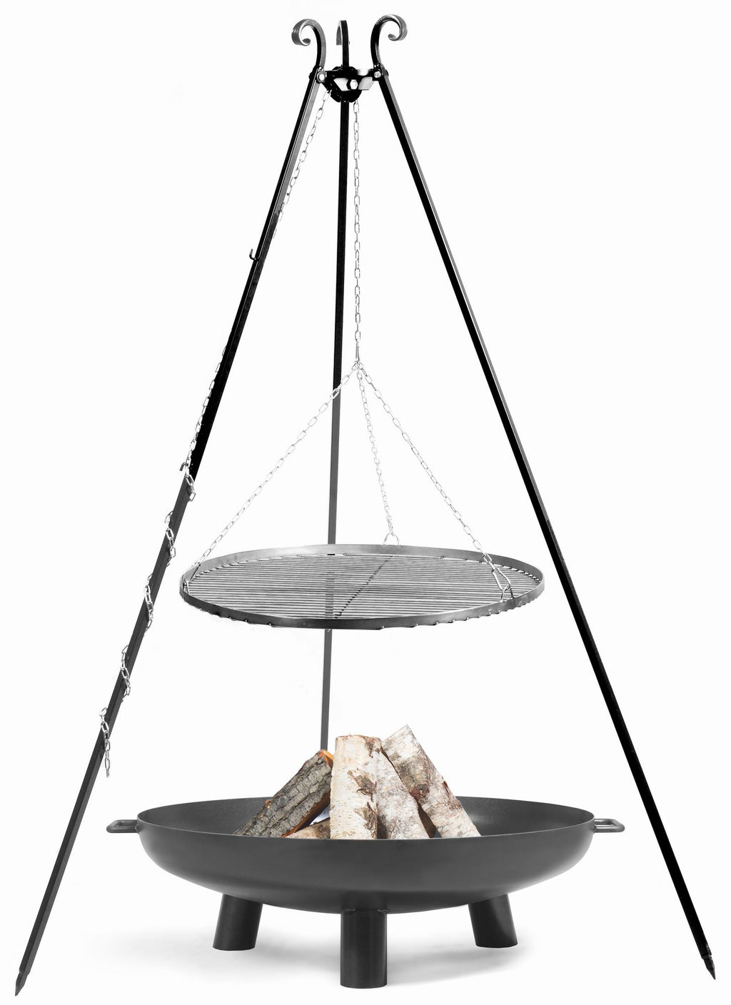 Cook King Set: BALI Garden Fire Bowl 80 cm with a 180 cm tripod grill and a 80 cm natural steel grate, studio detail shot 3