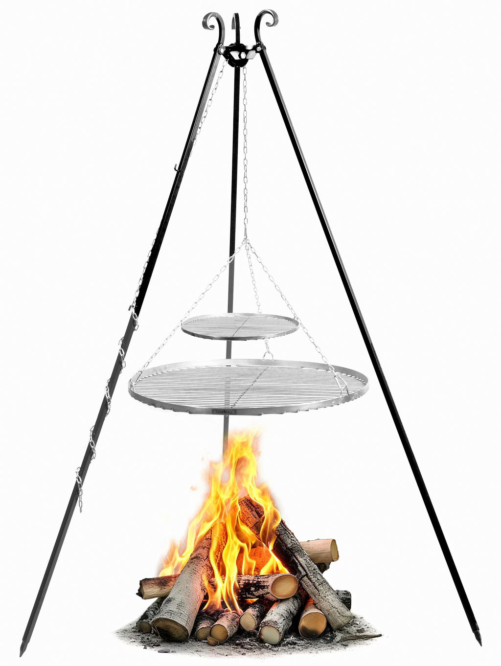 Cook King 180 cm Tripod with 2 Stainless Steel Grates 70 cm + 40 cm, studio detail shot 7