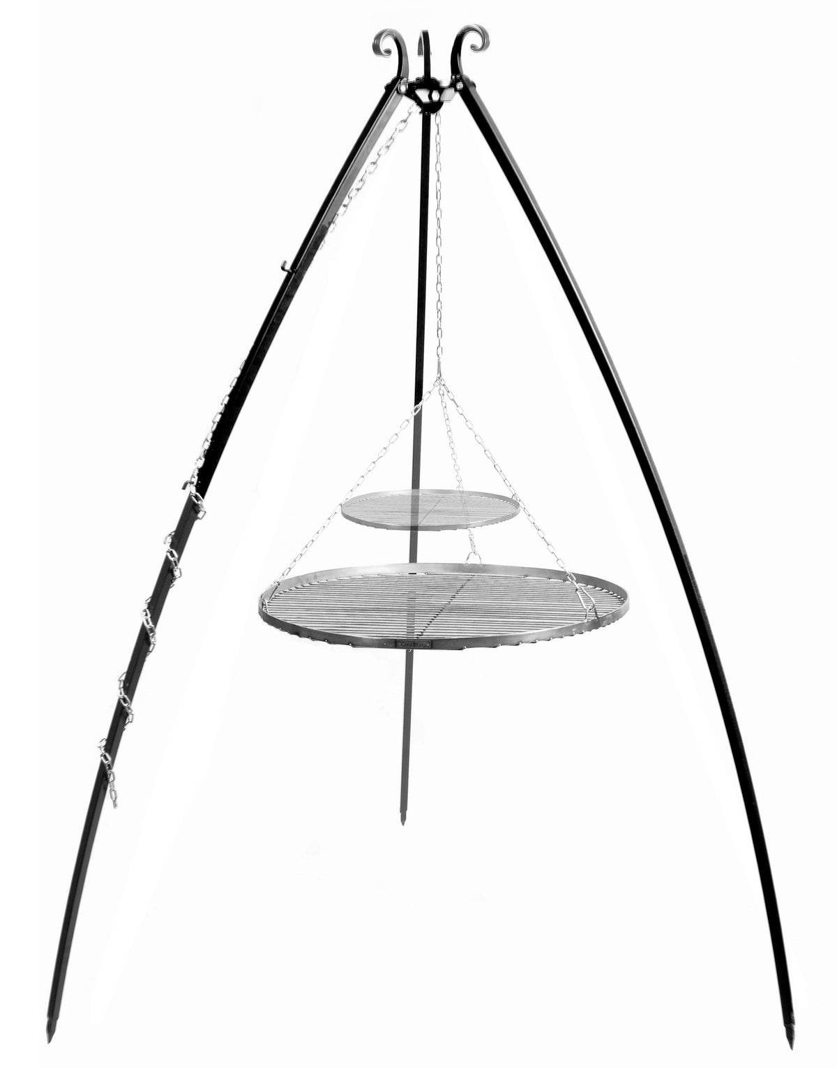 Cook King 200 cm Tripod with 2 Natural Steel Grates 80 cm + 40 cm on a white background