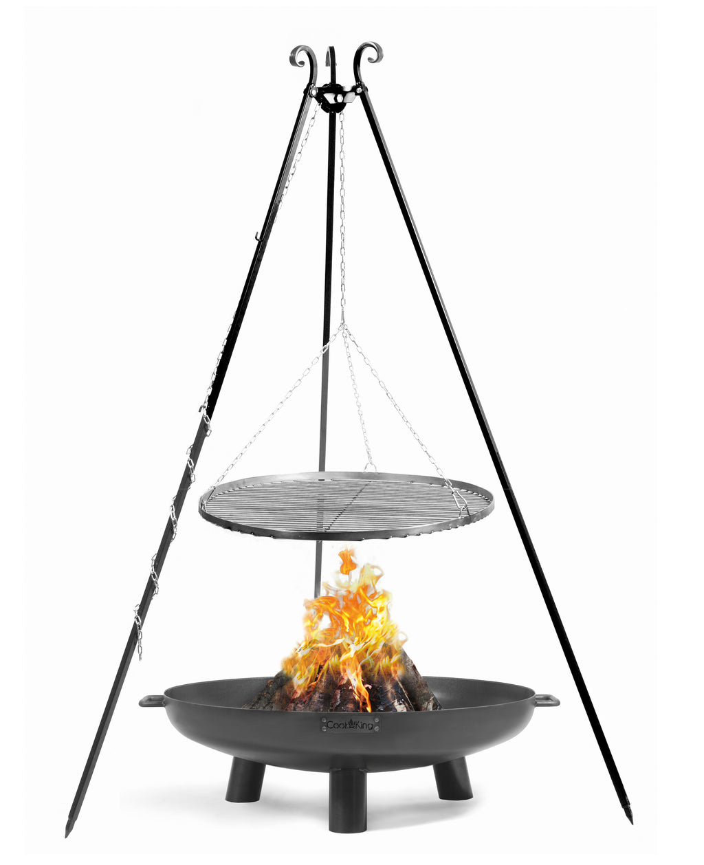 Cook King Set: BALI Garden Fire Bowl 80 cm with a 180 cm tripod grill and a 80 cm natural steel grate on a white background