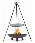 Cook King Set: BALI Garden Fire Bowl 80 cm with a 180 cm tripod grill and a 80 cm natural steel grate on a white background