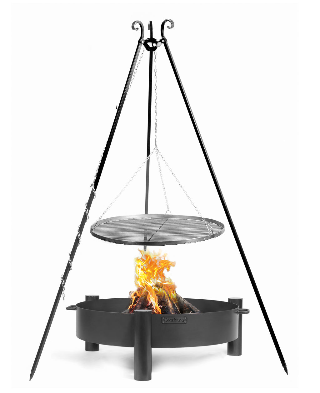 Cook King Set: HAITI Garden Fire Bowl 60 cm with a 180 cm tripod grill and a 60 cm natural steel grate on a white background