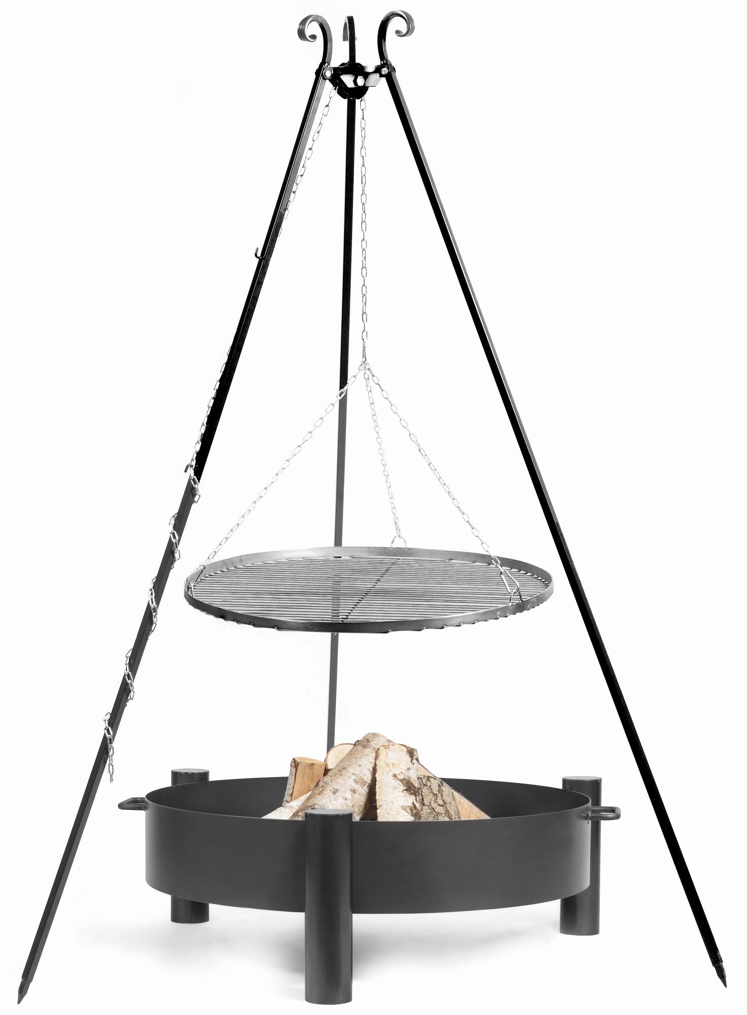 Cook King Set: HAITI Garden Fire Bowl 60 cm with a 180 cm tripod grill and a 60 cm natural steel grate, studio detail shot 3