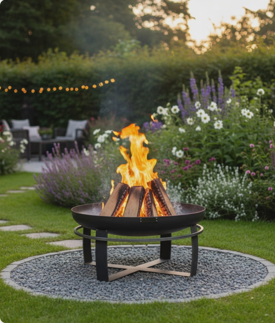 Cook King Viking 60cm Fire Bowl burning in a garden setting