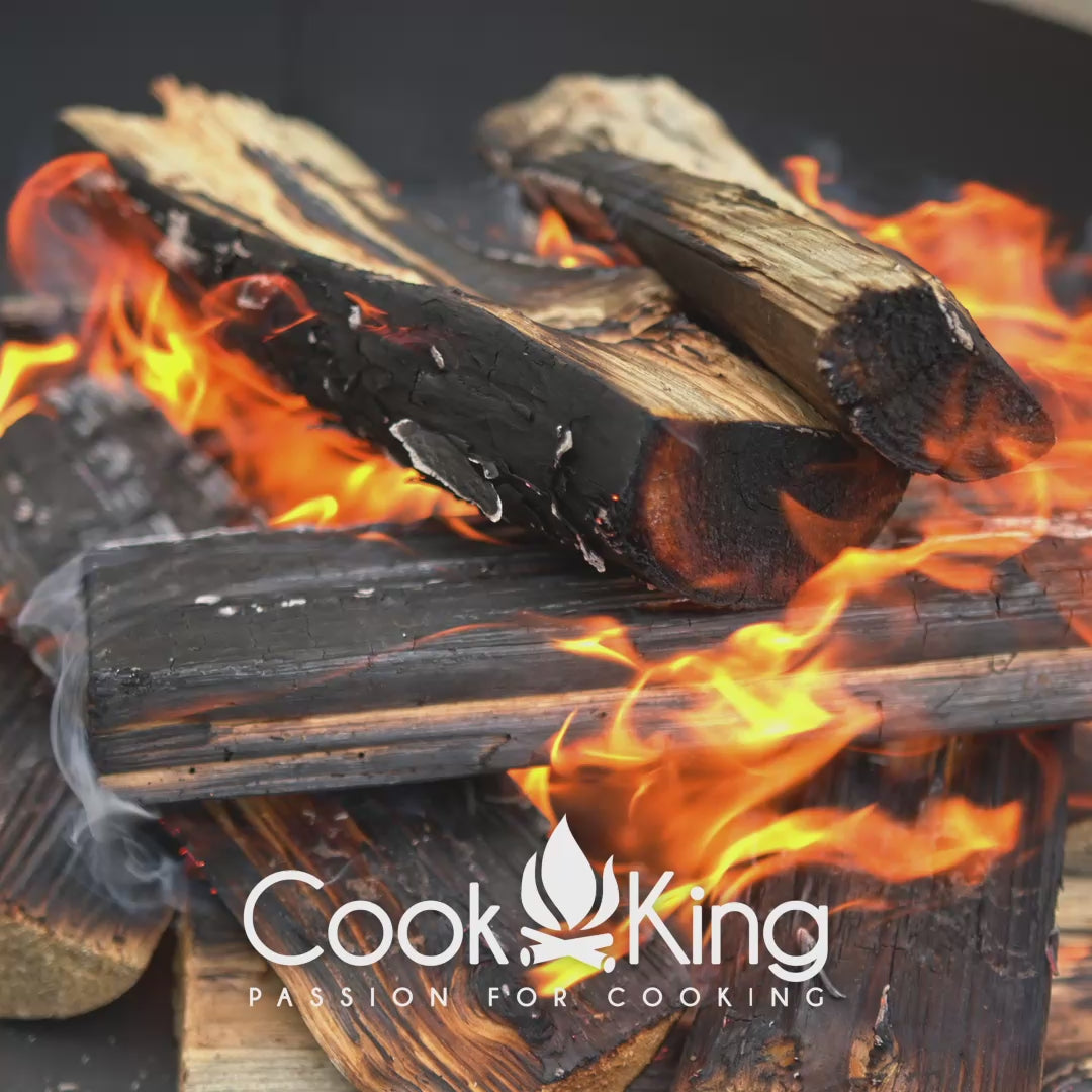 Cook King Set: HAITI Garden Fire Bowl 70 cm with a 180 cm tripod grill and a 70 cm natural steel grate in use, video