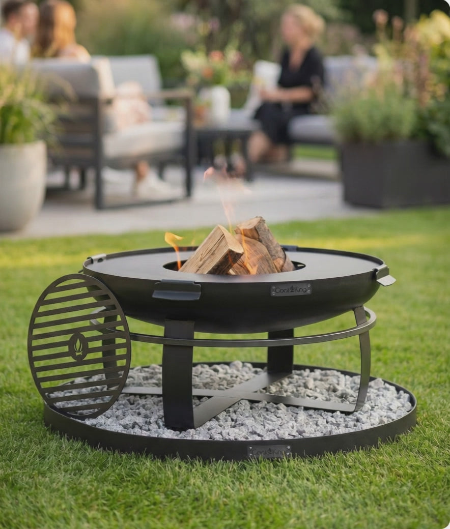 Cook King Viking 70cm Fire Bowl with grill plate on a stone base