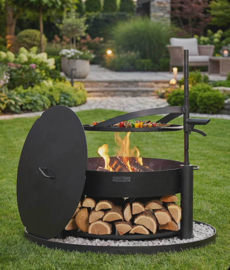 Cook King Montana X 60cm Multifunctional Fire Bowl with 50cm Grate with lid on a decorative stone base