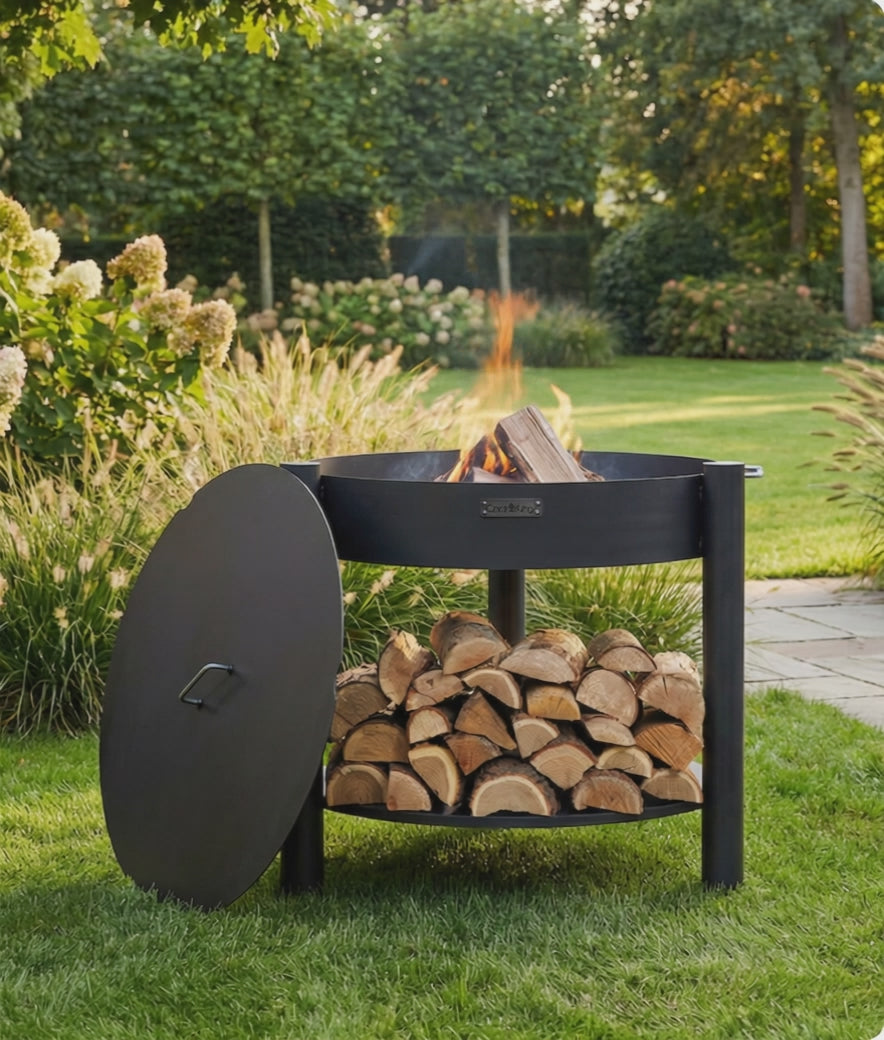 Cook King Set: MONTANA 80 cm Tall Garden Fire Bowl with 82 cm Lid with lid fitted