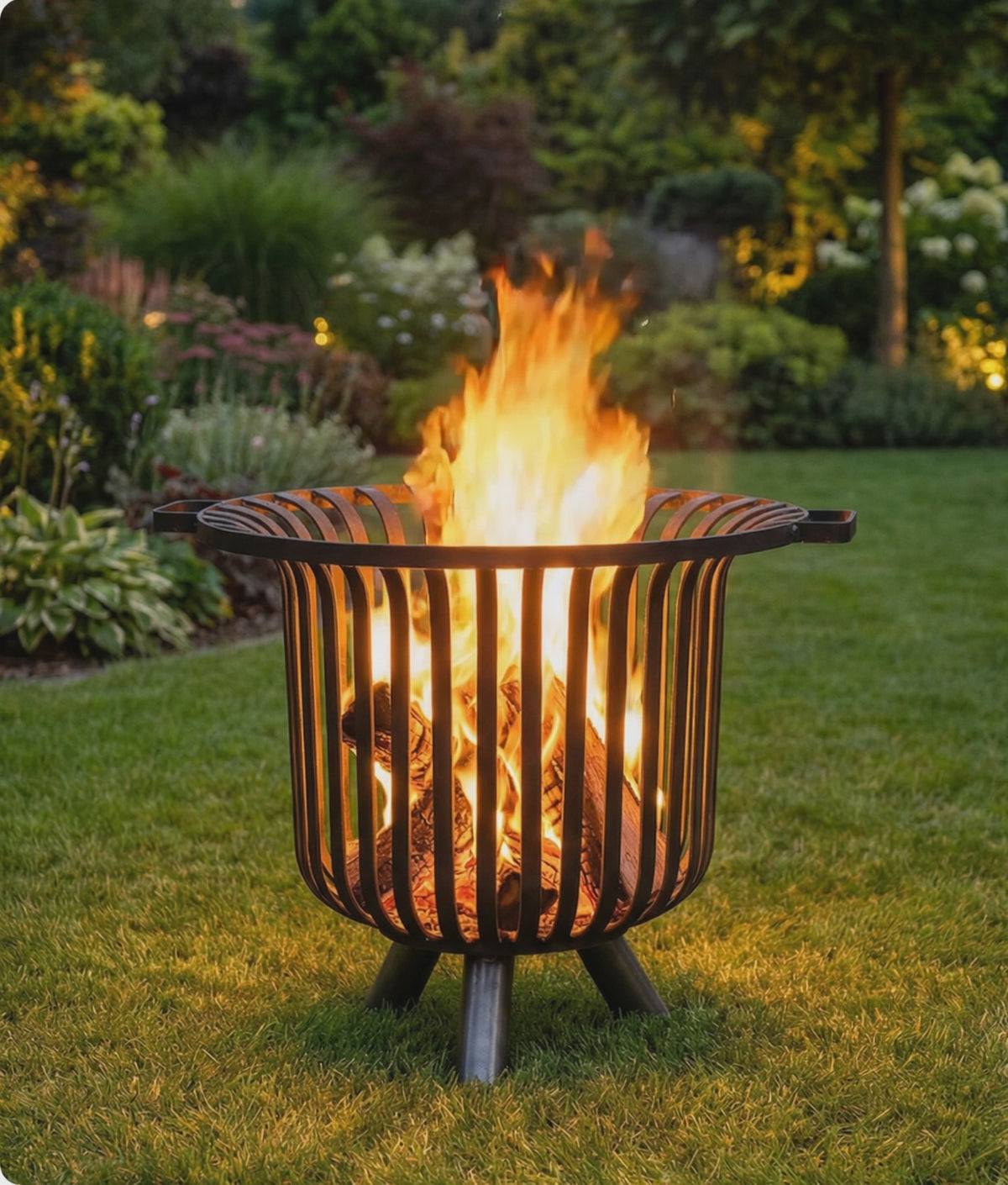 Cook King Fire Basket VERONA burning in a garden setting