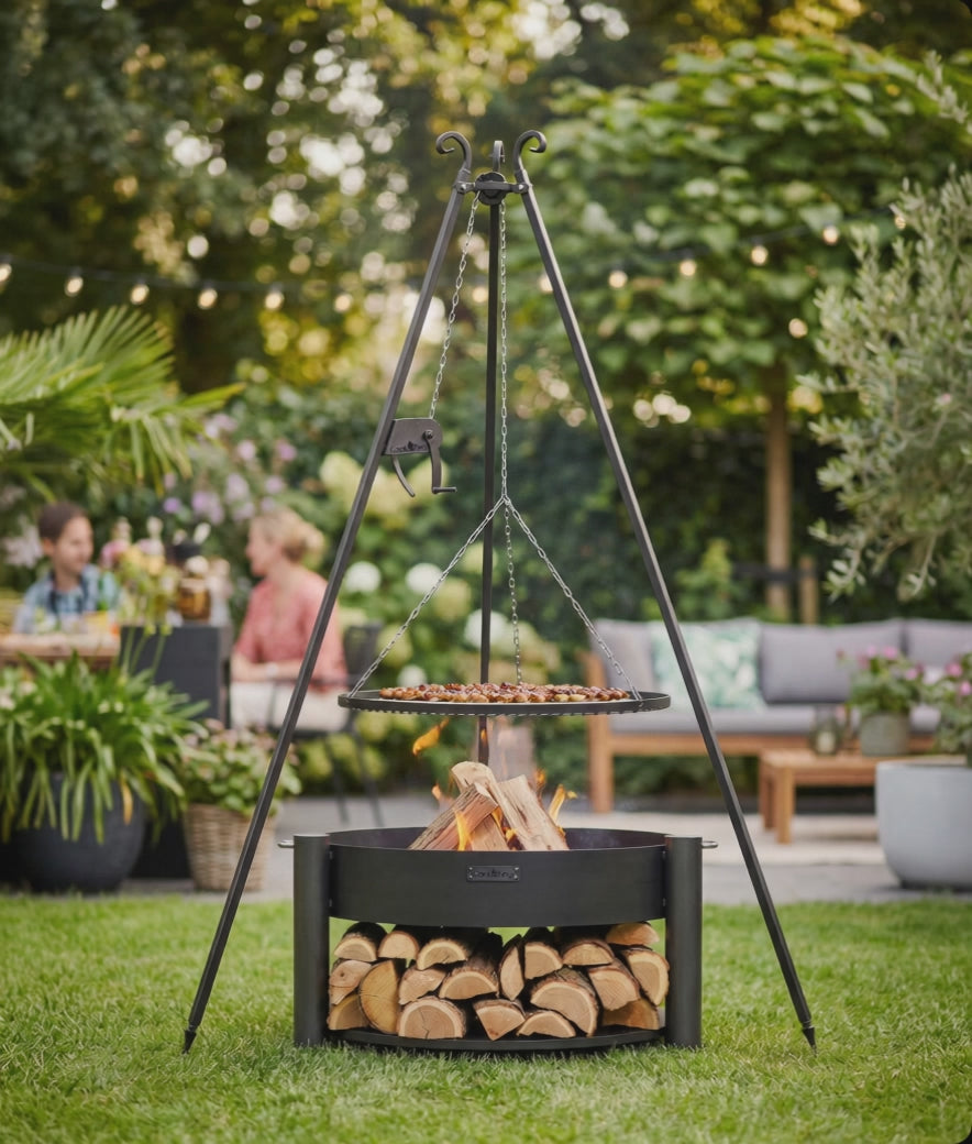 Cook King Montana 80cm Fire Bowl with tripod grill and winch