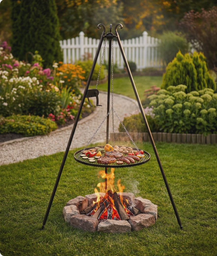 Cook King 180 cm Tripod Grill with Winch and 80 cm Natural Steel Grate winch mechanism raising and lowering the grate