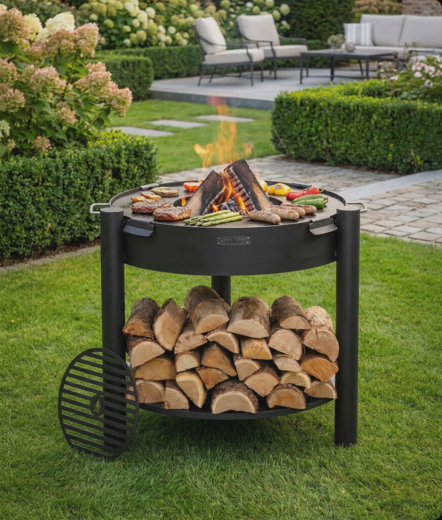 Cook King Set: MONTANA 80 cm Tall Garden Fire Bowl with 82 cm Lid with grill plate, cooking